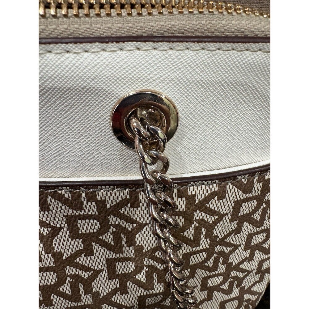 DKNY Bryant Park Monogram Satchel Shoulder Bag Tan White Silver Chain - Picture 5 of 9